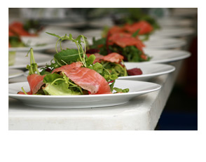 Sloe gin-cured gravlax with salmon rillettes, rocket salad and keta eggs